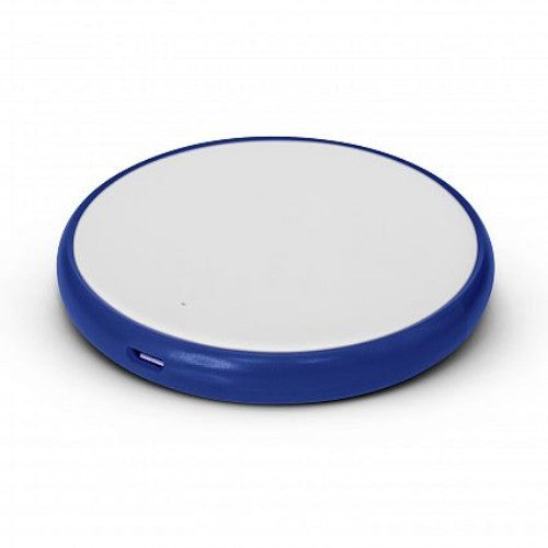 Blue round wireless charger with light show, 5W, QI-compatible, 80mm diameter, perfect for modern homes and workspaces.