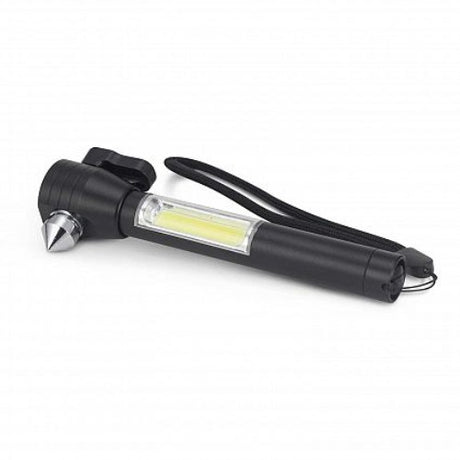 Compact black vehicle safety tool with glass breaker, seat belt cutter, COB warning light, and strong magnet for emergencies.
