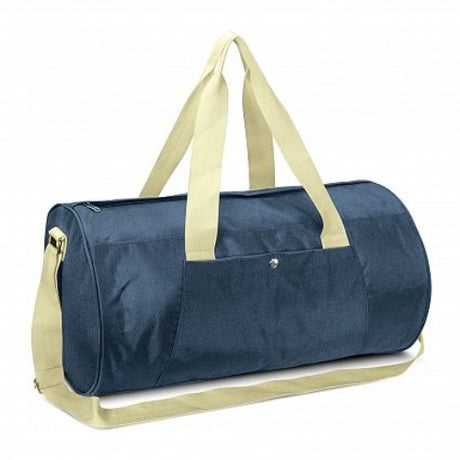 Navy Jasper Duffle Bag featuring durable polyester, adjustable strap, zippered closure, and side pocket for versatile travel.