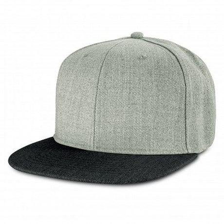 Set of 6 light grey and black flat peak caps made from heavy brushed cotton, featuring adjustable snap back and breathable design.