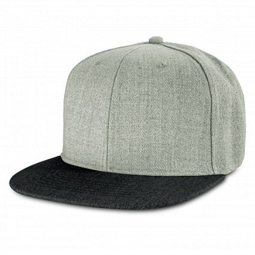 Set of 6 light grey and black flat peak caps made from heavy brushed cotton, featuring adjustable snap back and breathable design.
