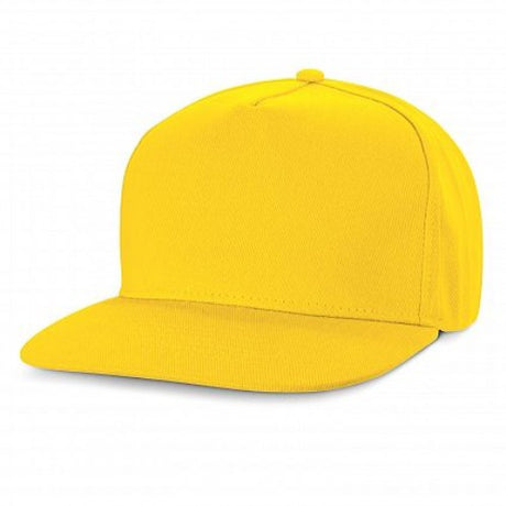 A vibrant yellow set of 6 Chrysler Flat Peak Caps featuring a structured design, sweat band, and adjustable snap back closure.