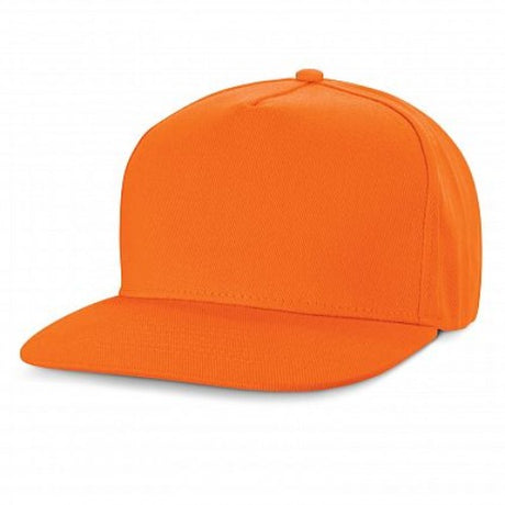 Set of 6 vibrant orange Chrysler flat peak caps, crafted from heavy brushed cotton with adjustable snap back for comfort.