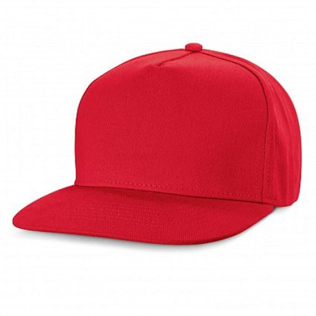 Set of 6 red Chrysler flat peak caps, featuring a five-panel design, adjustable snap back, and breathable embroidered eyelets.