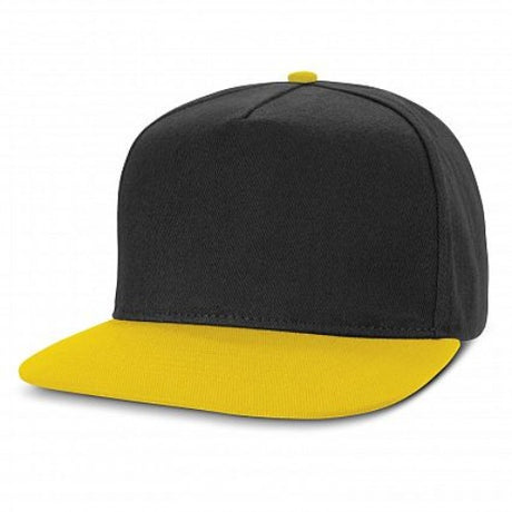 Set of 6 black and yellow flat peak caps made from brushed cotton, featuring a trendy design and adjustable snapback.