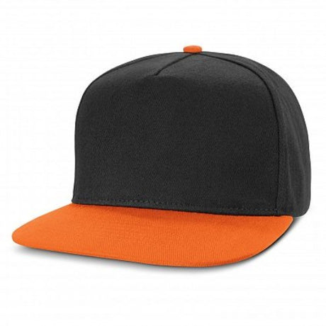 Set of 6 black and orange flat peak caps, featuring embroidered eyelets, sweatband, and adjustable snapback for all sizes.