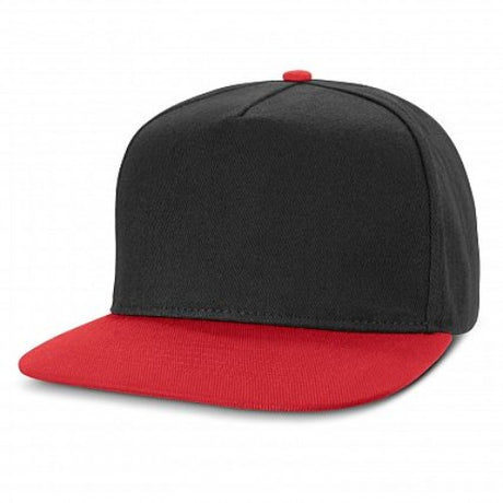 Set of 6 black and red flat peak caps, featuring a durable design, adjustable fit, and breathable eyelets for comfort.