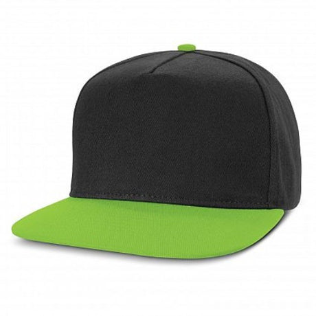 Set of 6 black and bright green flat peak caps made of heavy brushed cotton with adjustable snap-back closure and embroidered eyelets.
