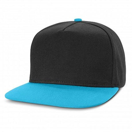 Set of 6 stylish black and light blue flat peak caps made from heavy brushed cotton, featuring adjustable snapback closure.
