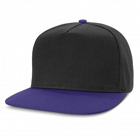 Set of 6 Crusade Contrast Flat Peak Caps in black and royal blue, featuring a trendy design and adjustable snapback.