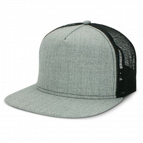 Set of 6 light grey and black trucker caps with flat peak, breathable mesh back, and adjustable snapback for comfort and style.