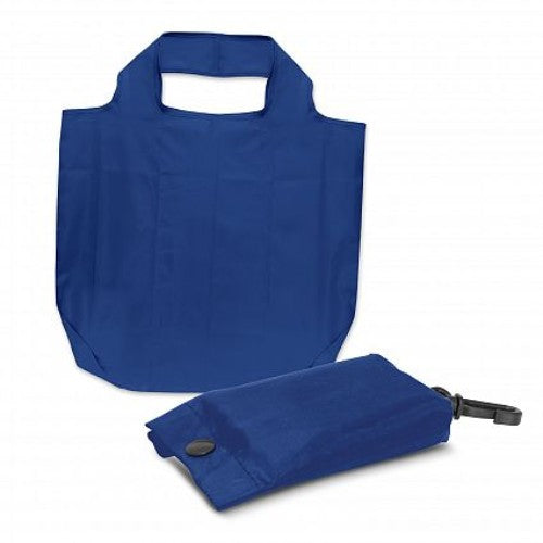 Set of 20 royal blue foldable shopping bags in durable polyester, compact pouch included for easy storage and portability.