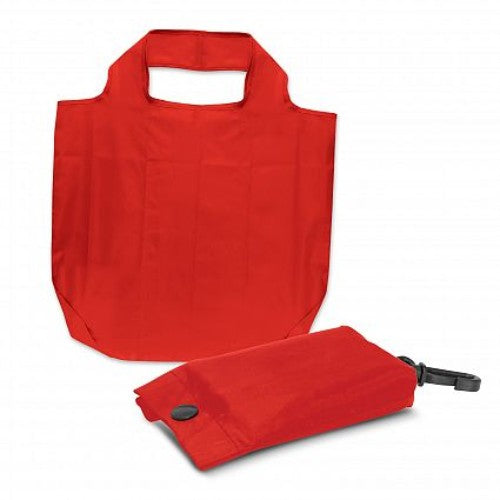 Set of 20 red reusable shopping bags, foldable, compact, durable 190T polyester with clip for easy carrying.