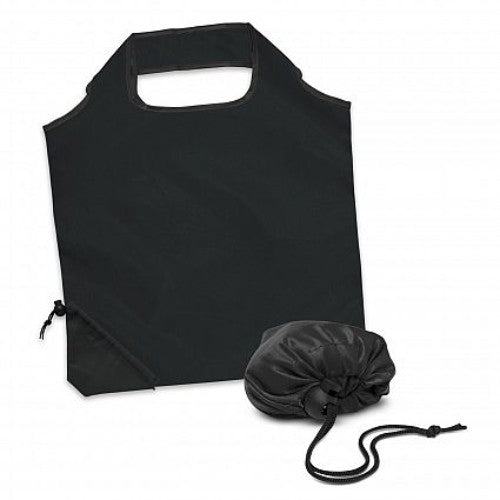 Set of 20 black reusable Ergo Fold Away Bags, made of durable 190T polyester, compact with built-in pouch and locking toggle.