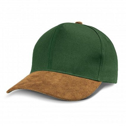 Set of 6 green suede peak caps, featuring heavy cotton, adjustable fit, embroidered eyelets, and stylish design for outdoor activities.