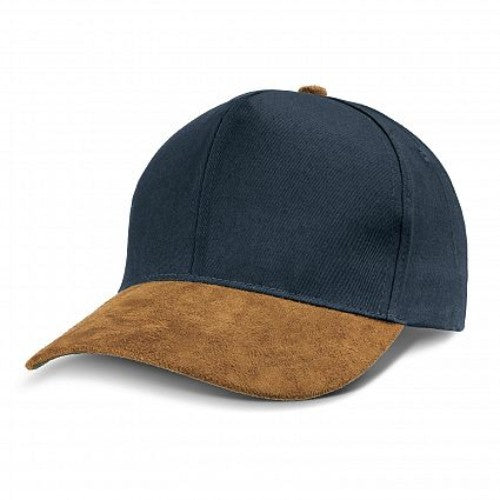 Set of 6 navy Outback Suede Peak Caps made from heavy brushed cotton with suede peak, featuring adjustable fit and ventilation.