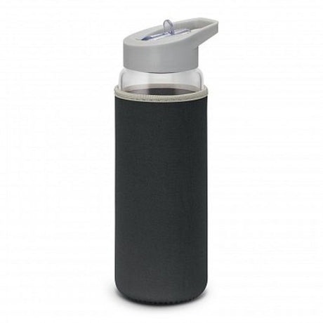 Elixir glass drink bottle with a black neoprene sleeve, secure lid, and flip-out straw for stylish hydration on-the-go.