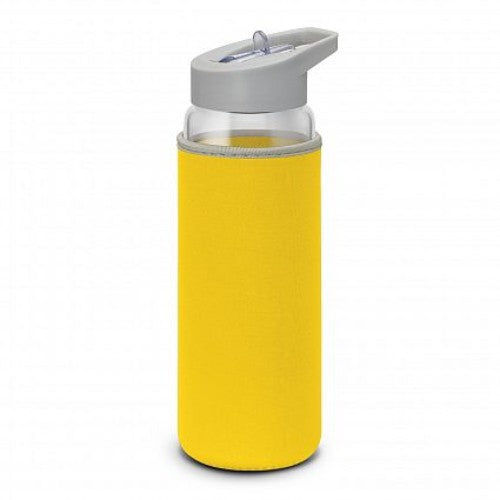 Elixir clear and yellow glass drink bottle with neoprene sleeve, secure lid, and straw for stylish hydration on the go.