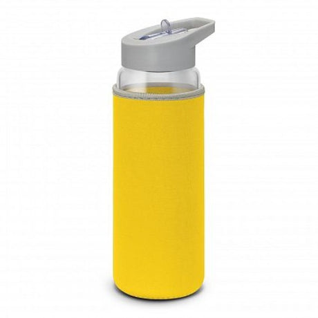 Elixir clear and yellow glass drink bottle with neoprene sleeve, secure lid, and straw for stylish hydration on the go.
