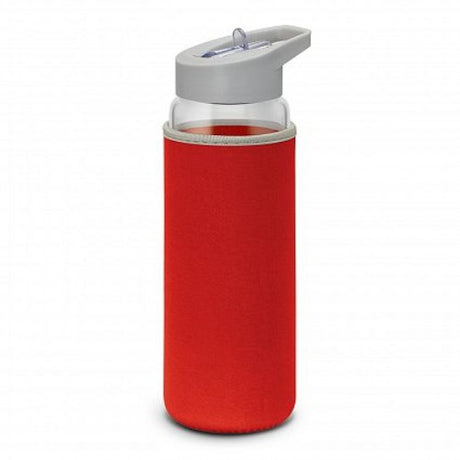 Elixir Glass Drink Bottle in clear and red, 700ml, with a neoprene sleeve, secure lid, and straw for stylish hydration.