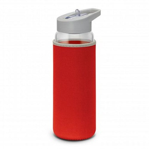 Elixir Glass Drink Bottle in clear and red, 700ml, with a neoprene sleeve, secure lid, and straw for stylish hydration.