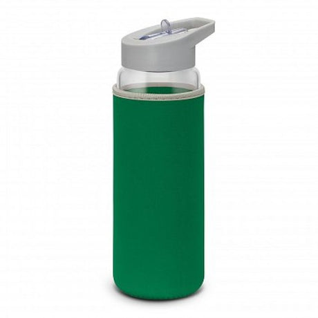 Elixir Glass Drink Bottle in Clear and Kelly Green, with insulating neoprene sleeve, 700ml capacity, and straw lid.