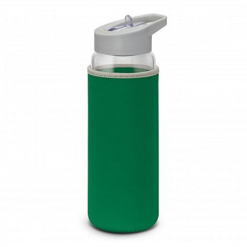 Elixir Glass Drink Bottle in Clear and Kelly Green, with insulating neoprene sleeve, 700ml capacity, and straw lid.