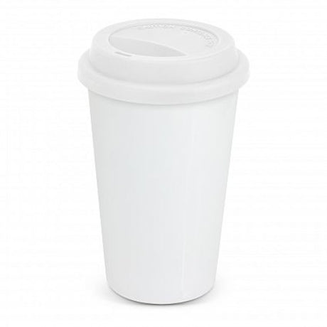 White Aztec Double Wall Coffee Cup, 350ml, ceramic, keeps drinks hot, cool exterior, sleek design for home or office use.