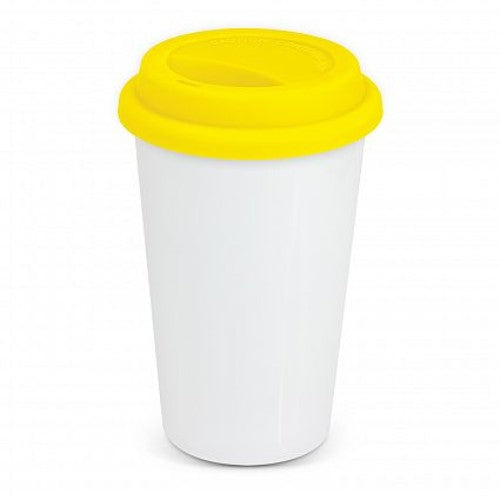 Aztec Double Wall Coffee Cup in white and yellow, 350ml, keeps drinks hot and comfortable to hold, perfect for coffee lovers.