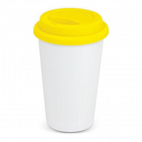 Aztec Double Wall Coffee Cup in white and yellow, 350ml, keeps drinks hot and comfortable to hold, perfect for coffee lovers.