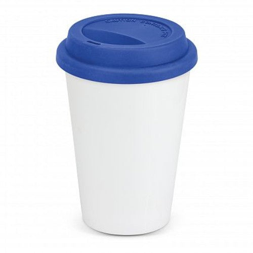 Aztec Double Wall Coffee Cup in white and dark blue with silicone lid, perfect for keeping beverages hot and stylish on the go.