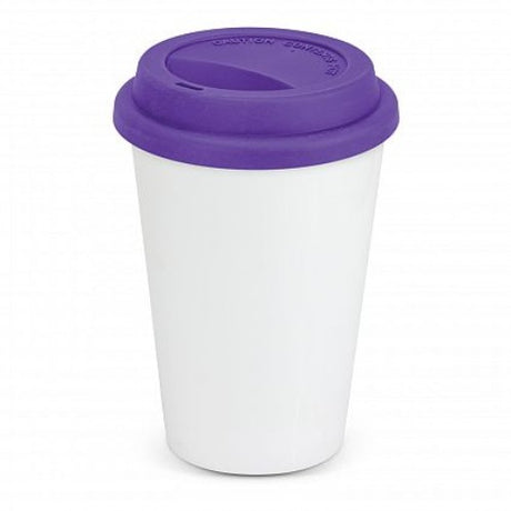 Elegant white and purple double wall ceramic coffee cup with secure silicone lid, perfect for hot drinks on the go.