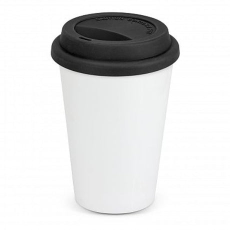 Aztec Double Wall Coffee Cup in white and black, featuring a 300ml capacity, silicone lid, and insulated design for hot drinks.