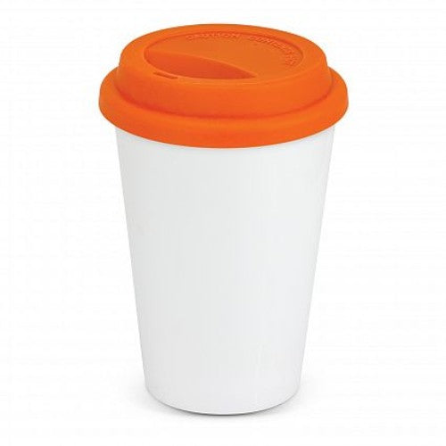 Aztec Double Wall Coffee Cup in white and orange, 300ml ceramic, stylish, functional, with silicone lid, perfect for hot beverages.