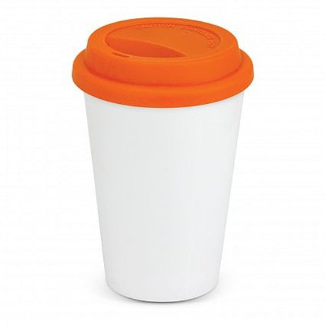 Aztec Double Wall Coffee Cup in white and orange, 300ml ceramic, stylish, functional, with silicone lid, perfect for hot beverages.