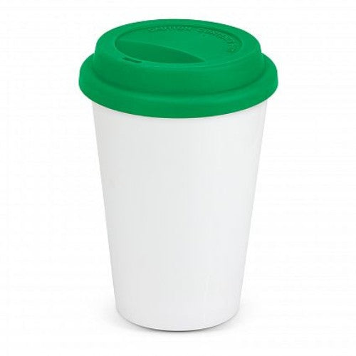 Aztec Double Wall Coffee Cup in white and dark green, featuring double wall insulation and a secure silicone lid for hot drinks.