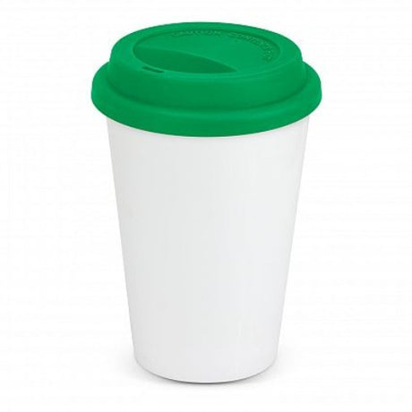 Aztec Double Wall Coffee Cup in white and dark green, featuring double wall insulation and a secure silicone lid for hot drinks.