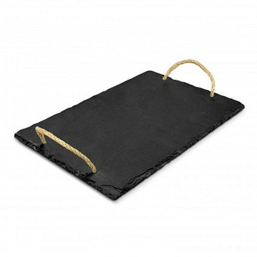 Elegant grey slate serving board with hemp rope handles and non-slip pads, perfect for serving cheese and charcuterie.