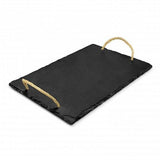 Elegant grey slate serving board with hemp rope handles and non-slip pads, perfect for serving cheese and charcuterie.