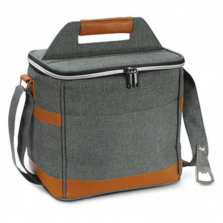 Stylish grey and tan cooler bag with thick insulation, adjustable strap, and bottle opener, perfect for outdoor adventures.