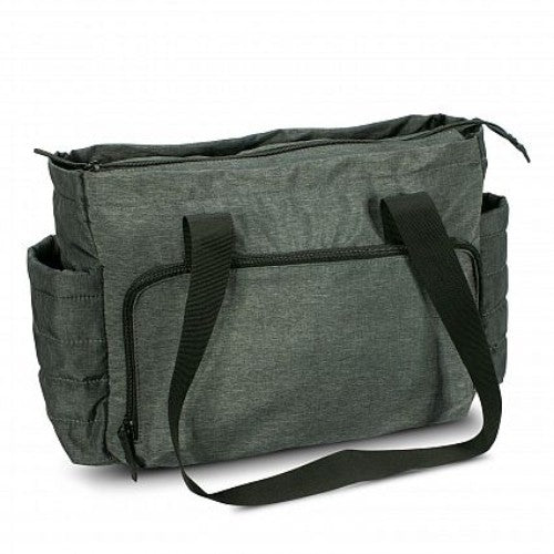 Stylish black Kinder Baby Bag featuring ample storage, padded compartments, and a removable waterproof changing pad.