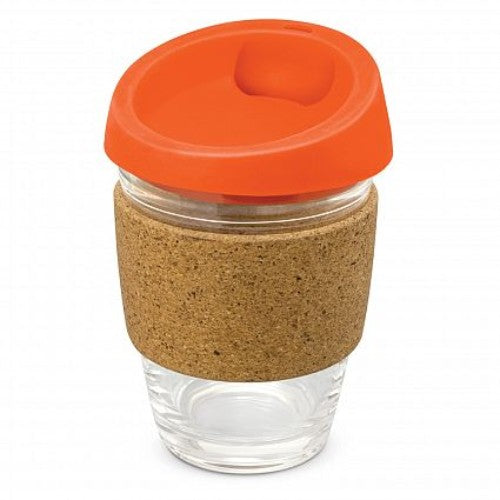 Stylish orange Metro Cup with cork band, 340ml capacity, featuring a spill-resistant silicone lid for eco-friendly coffee lovers.