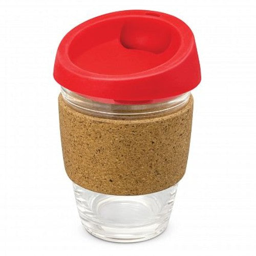 Vibrant red Metro Cup with cork band and silicone lid, perfect for eco-friendly coffee lovers on the go.