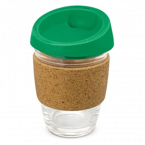 Dark green reusable glass coffee cup with a cork band and silicone lid, perfect for eco-friendly drink lovers.