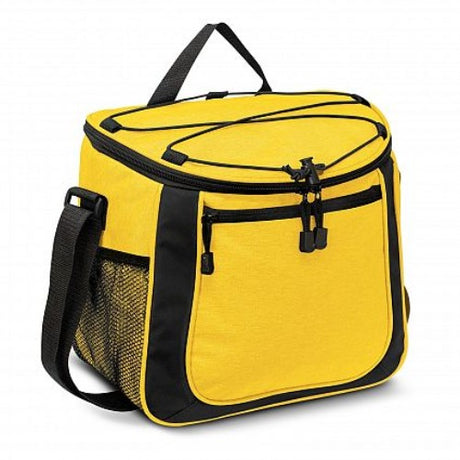Yellow Aspiring Cooler Bag with thick insulation, waterproof liner, and pockets for snacks, perfect for outdoor adventures.
