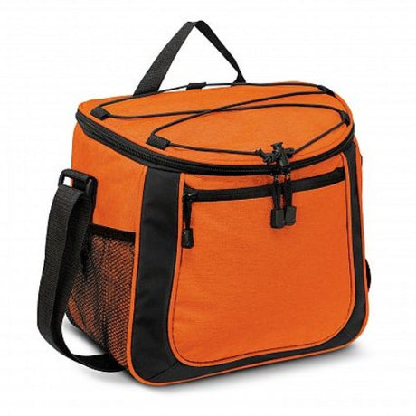 Vibrant orange cooler bag with thick insulation, waterproof liner, and spacious pockets for outdoor adventures.