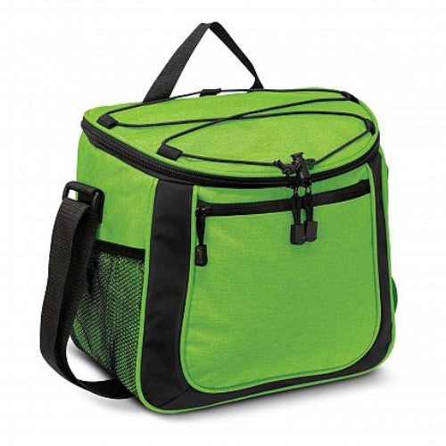 Bright green cooler bag with thick insulation, waterproof liner, large zip pocket, and adjustable strap for outdoor adventures.
