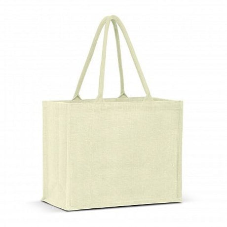 Set of 6 white jute tote bags with padded handles, spacious design, eco-friendly, ideal for shopping and crafting.