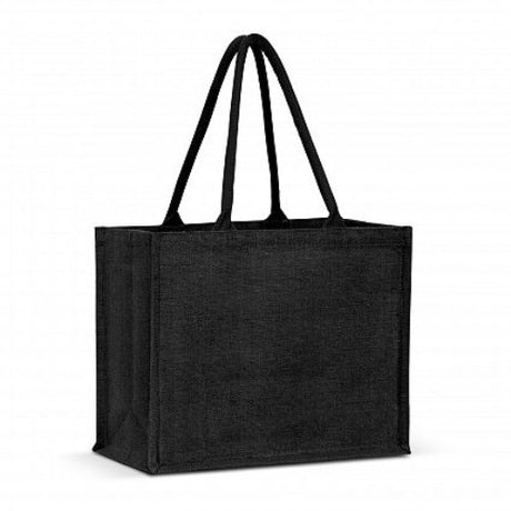 Set of 6 black Torino Jute Tote Bags with padded handles, spacious gusset, eco-friendly design for stylish carrying needs.