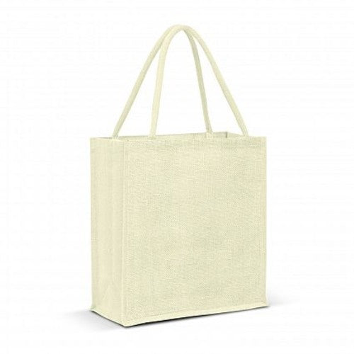 Set of 6 white jute tote bags with padded handles, spacious design, eco-friendly, perfect for shopping and outings.